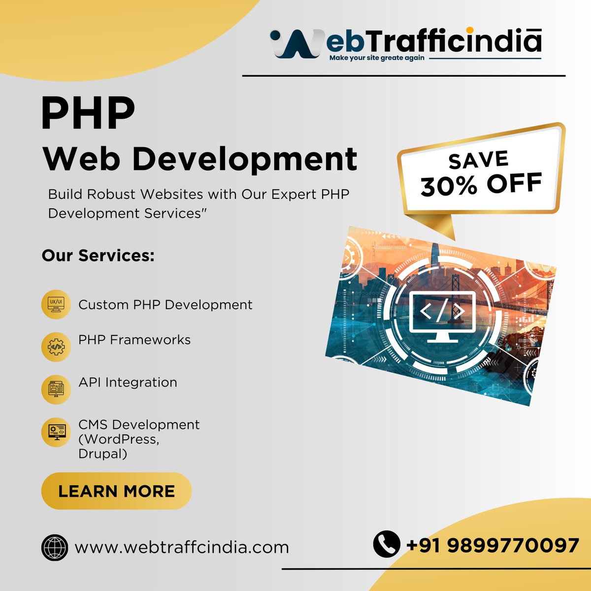 webtrafficindia's tweet image. &quot;Take your business online with cutting-edge #PHPWebDevelopment! From #CustomPHP to #APIIntegration and #CMSDevelopment, we provide tailored solutions to transform your digital presence. 🚀 Save 30% today! 🌐 Contact us now!
#WebDevelopment #PHPDevelopment #WebTrafficIndia