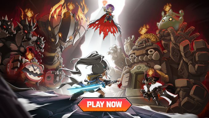 MapleStory characters face off in an announcement for The Dark Ride. "Play Now" is written across the bottom.