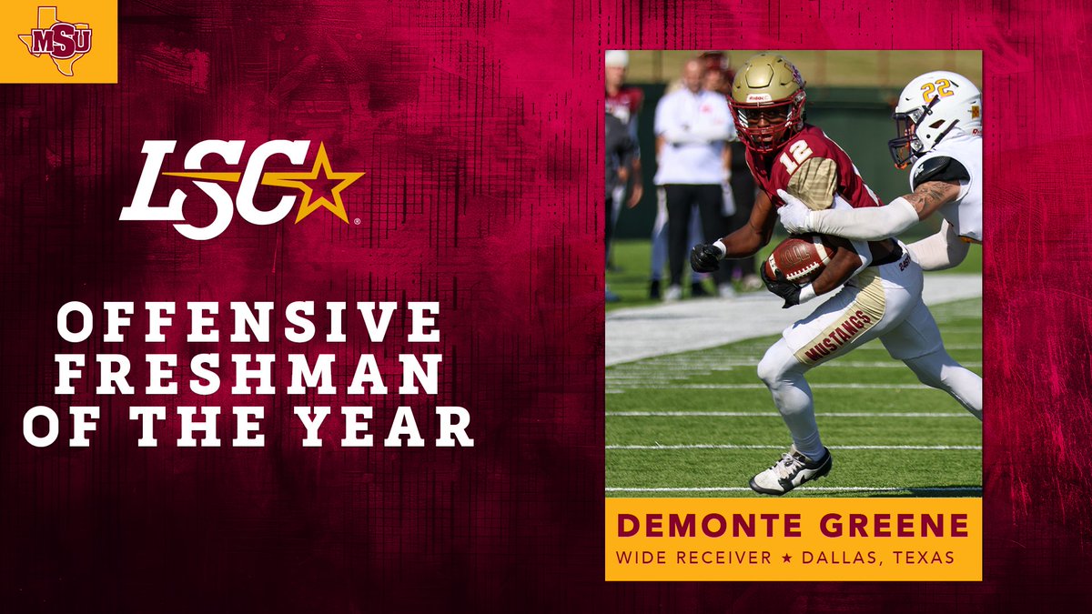 LoneStarConf's tweet photo. Midwestern State's Demonte Greene is the 2024 Lone Star Conference Football Offensive Freshman of the Year. 🏈🤩

🔗 https://t.co/apXg90oqXv

#LSCfb #D2fb https://t.co/CSlnXQzDh7