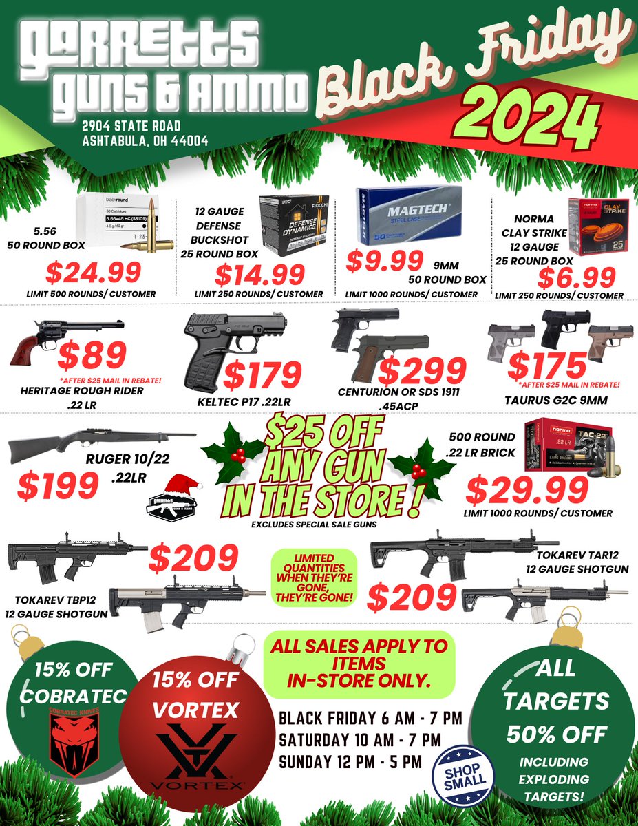Garretts_Guns's tweet photo. NEXT FRIDAY - Open at 6am! $25 off ANY GUN (excluding special sale guns - those are MORE than $25 off). Includes special orders! https://t.co/WBgPvaNGkN