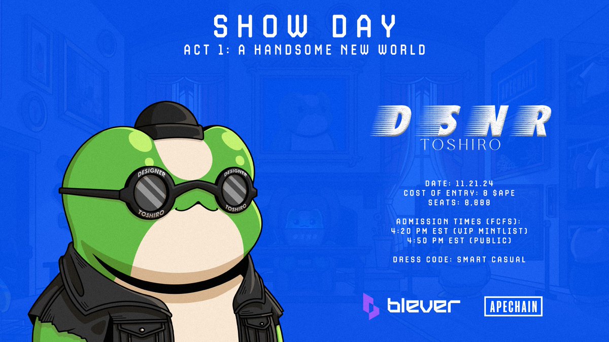 designertoshiro's tweet photo. ❗️ATTENTION❗️

It's show day and that means ticket sales are opening soon!

ACT 1: A HANDSOME NEW WORLD 🌐

⚡️Date: 11.21.24 (today)
⚡️Time: 4:20 PM EST (mint-list) / 4:50 PM EST (public)
⚡️Entry Cost: 8 $APE / 5 per wallet
⚡️Seats: 8,888
⚡️Launching on @bleverxyz / https://t.co/Ie2He8LEYi
 
All ticket sales are FIRST COME, FIRST SERVED

All mint-list entries will close in 1 hour, so it's your last chance!

Join discord for more information: https://t.co/3v0n8UqgE7