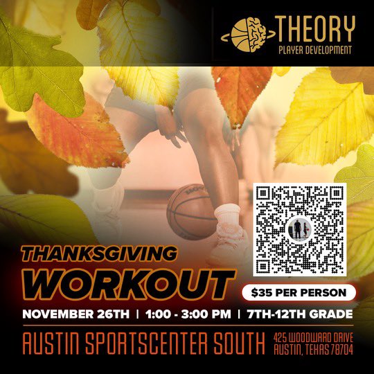 TheorybballPD's tweet photo. 🏀🍁🦃🍂

7th - 12th Grade Thanksgiving Clinic 

w/ Theory trainers @MikeAduddell &amp; @coach_clark512 

🗓️ Tuesday November 26th 

📍Austin Sportscenter South 
425 Woodward St
Austin, TX  78704

⏰ 1:00 - 3:00 PM 

🏀 Bring a Ball! https://t.co/qOuVc01YnS