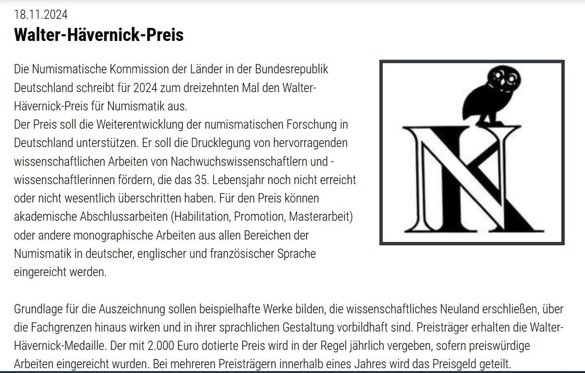 Die Numismatische Kommission der Länder in der Bundesrepublik Deutschland schreibt für 2024 zum dreizehnten Mal den Walter-Hävernick-Preis für #Numismatik aus: numismatische-kommission.de/startseite/det… Bewerbungsfrist: 31. Dezember 2024
