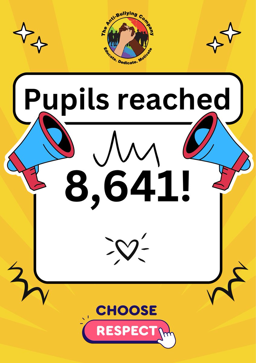 It's official, the best #antibullyingweek yet!
We reached over 8,400 pupils with our <a href="/ABAonline/">Anti-Bullying Alliance #AntiBullyingWeek</a> #ChooseRespect Message! 
Not bad for a little company of two 😍 <a href="/MissFaithP/">MissP Anti Bullying Champ ⭐️</a> <a href="/RoSIS_1/">RoSIS</a> 
Thanks to all the fantastic schools your engagement and Anti-Bullying commitment.