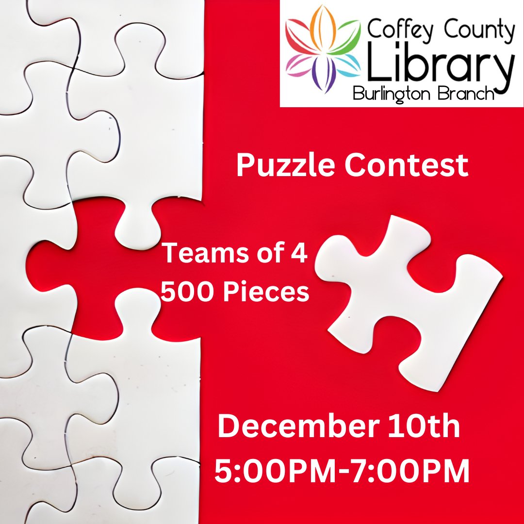 Teams of 4 will complete to complete a 500 piece puzzle. Stop by even if you don't have a team and we'll find a space for you!
#PuzzleContest