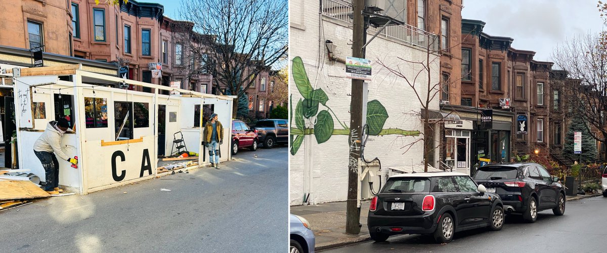 This is Park Slope's Casita of Brooklyn before and after its outdoor dining shed got taken down. 

Thanks to the NYC Council and Mayor Adams, we’ve added two spots for two people to store their cars on 11th Street instead of helping a business.
