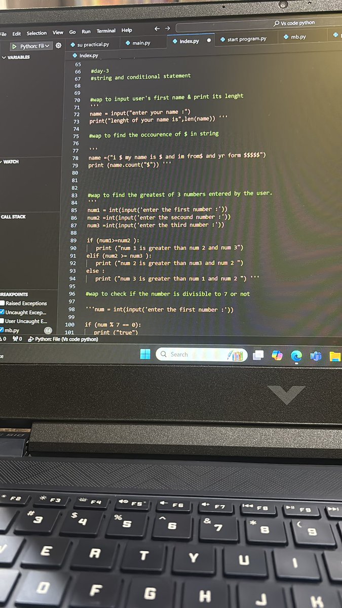MahendrBishnoii's tweet image. Day-3 of #codeinpython

-solved some basic problems 
-completed strings and conditional statements