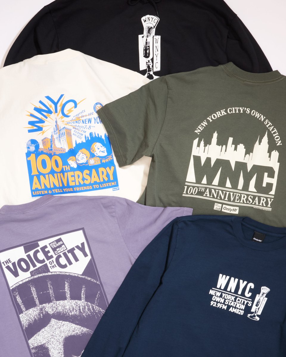 WNYC's tweet photo. Celebrate a century of WNYC with our exclusive Centennial collab with Only NY! T-shirts, sweatshirts and tote bags (of course!) feature vintage logos from WNYC’s 100 years on the air and pay tribute to New York City’s public radio station. 
🛒  https://t.co/dQrjtiAsfP
#WNYC100 https://t.co/NUxp7JAlP4