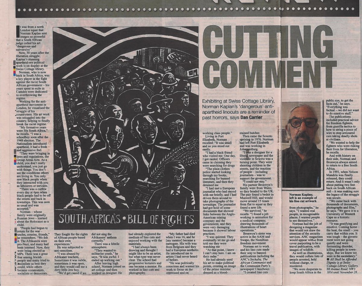 Exhibiting at Swiss Cottage Library, Norman Kaplan's 'dangerous' anti-apartheid linocuts a reminder of past horrors writes <a href="/dannycarrier/">dan carrier</a> in <a href="/NewJournal/">Camden New Journal</a> 

'All Shall Be Afforded Dignity' by <a href="/PentonStreetCML/">Anti-Apartheid Legacy</a> <a href="/ACTSA_UK/">Action for Southern Africa (ACTSA)</a> <a href="/aamarchives/">AAM Archives</a> w.<a href="/LoveCamden/">LoveCamden</a> 'til 28 Nov

camdennewjournal.co.uk/article/cuttin…