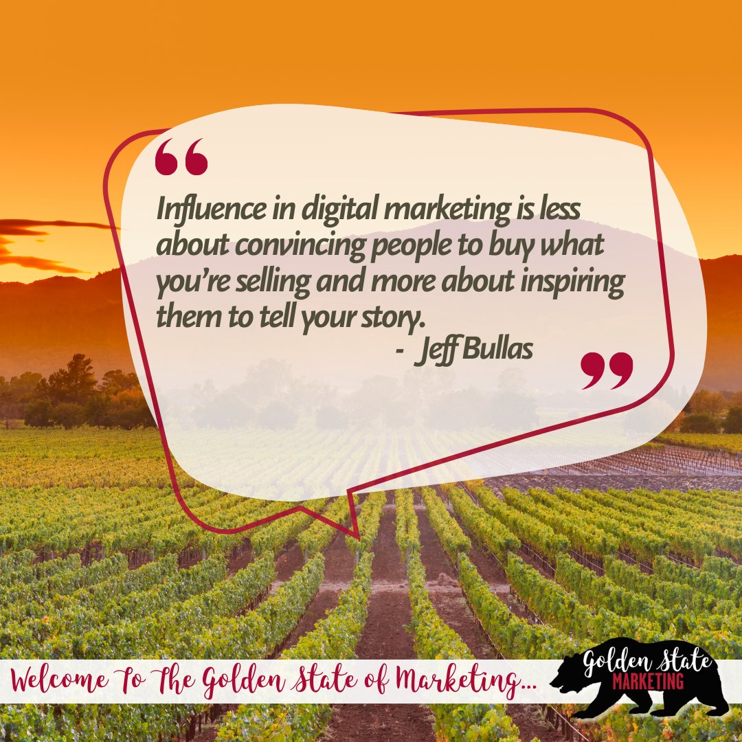 Influence in digital marketing isn't about pushing products; it's about inspiring people to share your story. Create stories that resonate and ignite conversations. 

#GoldenStateMarketing #ThursdayThoughts #marketing #marketingdigital #marketingtips #marketingstrategy