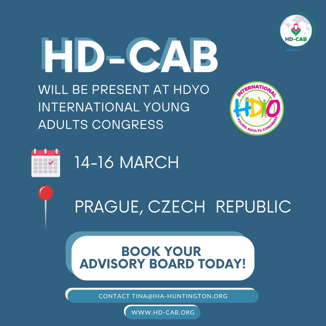 📰 HD-CAB will be present at the <a href="/HDYOFeed/">HDYO</a>  Young Adults Congress in Prague, Czech Republic! The congress will occur in March and if you are interested in booking an advisory board, you can do so by emailing tina@iha-huntington.org. Visit our website at hd-cab.org