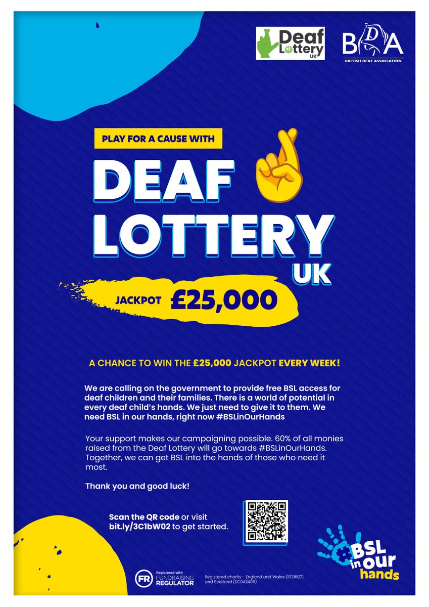Play for a Cause with Deaf Lottery UK!

Win £25,000 weekly while supporting #BSLinOurHands, helping Deaf children &amp; families access free BSL.

60% of funds go to our campaign. Join us today!

👉 deaflotteryuk.co.uk/support/britis…

18+, GB residents only (excludes NI)