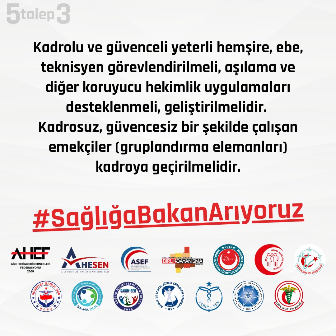 Kadrolu ve güvenceli yeterli hemşire, ebe, teknisyen görevlendirilmeli, aşılama ve diğer koruyucu hekimlik uygulamaları desteklenmeli, geliştirilmelidir.

Kadrosuz, güvencesiz bir şekilde çalışan emekçiler (gruplandırma elemanları) kadroya geçirilmelidir.

#SağlığaBakanArıyoruz