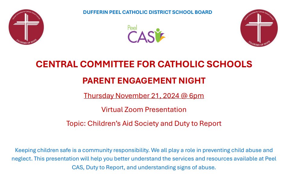 Brea Corbet (🍎) - DPCDSB Catholic Trustee (@breacorbet) on Twitter photo Our <a href="/DPCDSBSchools/">Dufferin-Peel Catholic District School Board</a> Central Committee for Catholic School Councils (CCCSC) <a href="/CCCSC_DPCDSB/">DP_CCCSC</a> is hosting a virtual Parent Engagement Night tonight!
Topic - Children’s Aid Society & Duty to Report.
Please click the link to join the webinar:
zoom.us/j/99209130459?…
Passcode: RjTyP6 Our <a href="/DPCDSBSchools/">Dufferin-Peel Catholic District School Board</a> Central Committee for Catholic School Councils (CCCSC) <a href="/CCCSC_DPCDSB/">DP_CCCSC</a> is hosting a virtual Parent Engagement Night tonight!
Topic - Children’s Aid Society & Duty to Report.
Please click the link to join the webinar:
zoom.us/j/99209130459?…
Passcode: RjTyP6