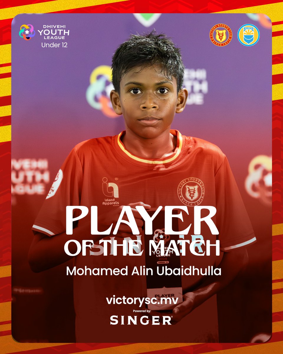 OfficialVscMv's tweet photo. PLAYER OF THE MATCH: Dhivehi Youth League 2024: Under 12
.
Mohamed Alin Ubaidhulla (12)
#VictorySportsClub 2
#ClubValencia 0
.
#dhivehiyouthleague2024 #vscmv #VictorySC #thenamesaysitall #BrandChoices #SINGERMV https://t.co/MUR1gcK6DR