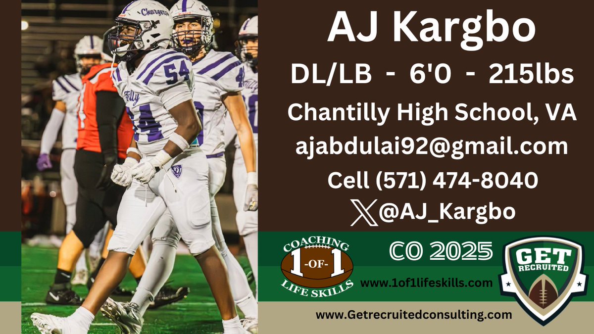 Get__Recruited's tweet photo. AJ Kargbo - CO 2025 - DE/LB - 6'0, 215lbs - Athletic, strong, tough, great pass rusher. Chantilly HS, VA - Profile: https://t.co/PBR11Yd74z @AJ_Kargbo @1of1lifeskills @cnu_football @SUhornetsFB @AverettFootball @HSC__FOOTBALL @Generals_Fball @BH2OFootball @RoanokeFB #college https://t.co/KL0ixWhbEl