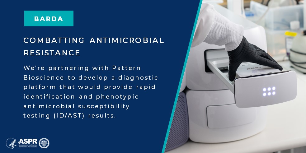 BARDA (@barda) on Twitter photo We are partnering with <a href="/Patternbio/">Pattern Bioscience</a> to develop a system for rapid identification & phenotypic antimicrobial susceptibility testing (ID/AST), which can measure which antibiotics are effective against specific bacteria. Learn more: ow.ly/vxq750UaRke We are partnering with <a href="/Patternbio/">Pattern Bioscience</a> to develop a system for rapid identification & phenotypic antimicrobial susceptibility testing (ID/AST), which can measure which antibiotics are effective against specific bacteria. Learn more: ow.ly/vxq750UaRke