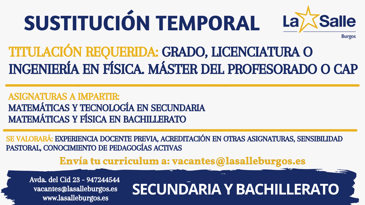 LaSalle_Burgos's tweet photo. SUSTITUCIÓN TEMPORAL

Envía tu CV a vacantes@lasalleburgos.es

#SomosLaSalle https://t.co/bnbio54jrh