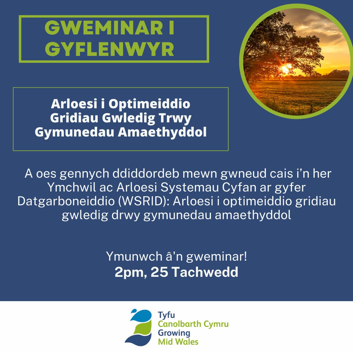 🌍🚜Rydym wedi sicrhau cyllid WSRID Llywodraeth Cymru! A oes gennych ddiddordeb yn ein her: Arloesi i optimeiddio gridiau gwledig drwy gymunedau amaethyddol?
💡 £100k ar gael 📢Gweminâr: 25/11, 2 PM. 📧huw.williams2@ceredigion.gov.uk
 👉Mwy o wybodaeth: tyfucanolbarth.cymru/WSRID-CY