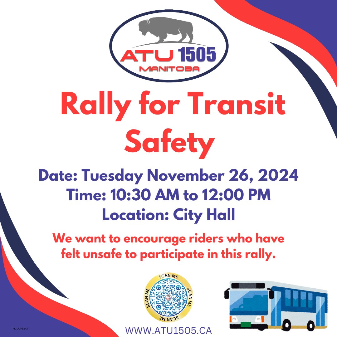 Are you feeling safe on transit?  ATU Local 1505 is hosting a Rally for Transit Safety Tuesday November 26 at Winnipeg City Hall.  Come down for 10:30 AM and show your support! Riding public welcome! #winnipeg #mbpoli <a href="/MFLabour/">Manitoba Federation of Labour</a> <a href="/WLC1894/">Winnipeg and District Labour Council</a> #transitsafety
