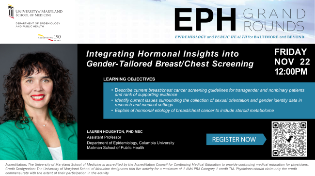 Join us virtually at noon tomorrow, Nov 22, 2024, for another edition of EPH Grand Rounds. It features Dr. Lauren Houghton discussing gender-tailored breast cancer screening. #publichealth #horomones #BreastCancerAwareness . Click the link to register. umaryland.zoom.us/meeting/regist…