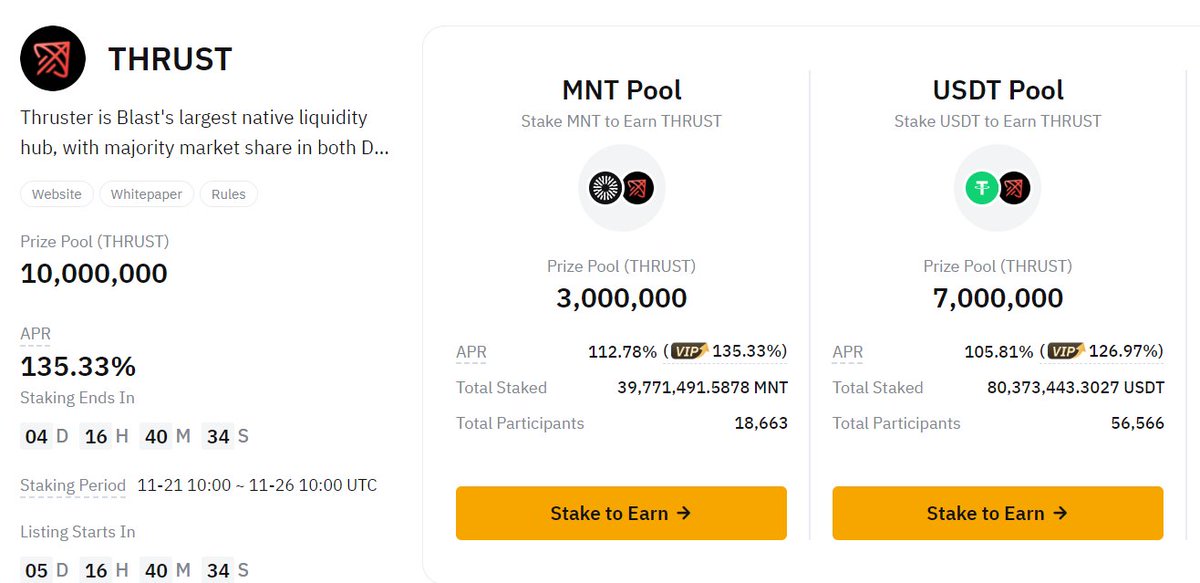 🚀 Bybit Launchpool: Stake to Earn 10,000,000 $THRUST! 🌟
<a href="/Bybit_Official/">Bybit</a> x @ThrusterFi
Grab $THRUST Before Listing🤑

🗓️ Event Period:
📅 Nov 21, 2024, 10:00 AM UTC – Nov 26, 2024, 10:00 AM UTC

👉 What’s in it for you?
Stake $MNT or $USDT and earn a share of 10,000,000 $THRUST