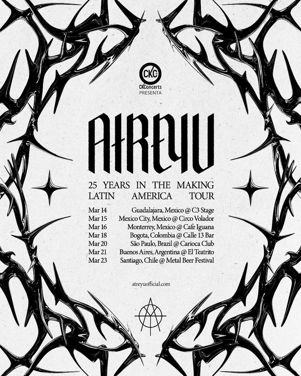 🚨 CAMBIO DE FECHAS ATREYU 🚨

Fans de Atreyu en México: Los primeros dos conciertos han cambiado de fecha.

- Guadalajara: 14 de marzo.
- Ciudad de México: 15 de marzo.

El resto de la gira permanece sin cambios.

🎟️ Consigue tus entradas ahora en: ckconcerts.com