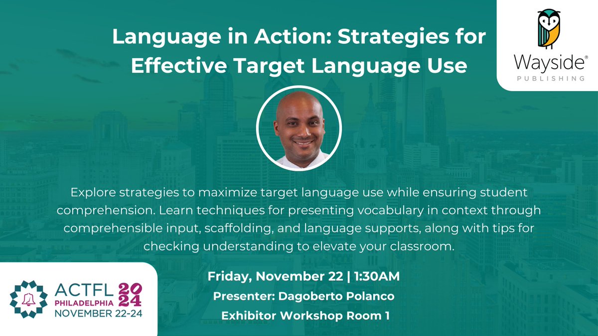 WaysidePublish's tweet photo. Language in Action at #ACTFL! 🌟
Join us Friday at 1:30 PM in Exhibitor Workshop room 1 with Dagoberto Polanco to explore strategies for making target language comprehensible and engaging.
Learn more: https://t.co/eeAeTbYGyS
#WaysideAtACTFL #ACTFL2024 🌎 https://t.co/lsZCN9Ym7Z