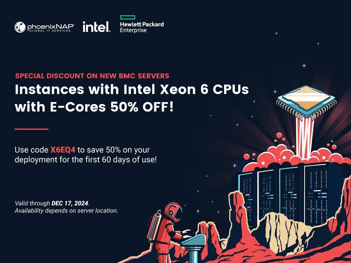 phoenixnap's tweet image. 🚀 50% OFF Xeon 6 CPUs with E-Cores! 🎉Boost your cloud deployments with Intel&apos;s latest tech! Get 50% OFF for the first 60 days.👉 Redeem Now: buff.ly/3ADn5Eg 
#cloudcompute #intel