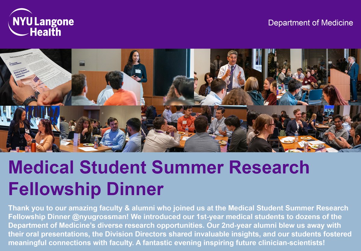 NYU Department of Medicine (@nyulh_deptofmed) on Twitter photo Thank you to our amazing faculty & alumni who joined us at the Medical Student Summer Research Fellowship Dinner <a href="/nyugrossman/">NYU Grossman School of Medicine</a>! We introduced our 1st-year medical students to dozens of the Department of Medicine’s diverse research opportunities. Our 2nd-year alumni blew us away Thank you to our amazing faculty & alumni who joined us at the Medical Student Summer Research Fellowship Dinner <a href="/nyugrossman/">NYU Grossman School of Medicine</a>! We introduced our 1st-year medical students to dozens of the Department of Medicine’s diverse research opportunities. Our 2nd-year alumni blew us away