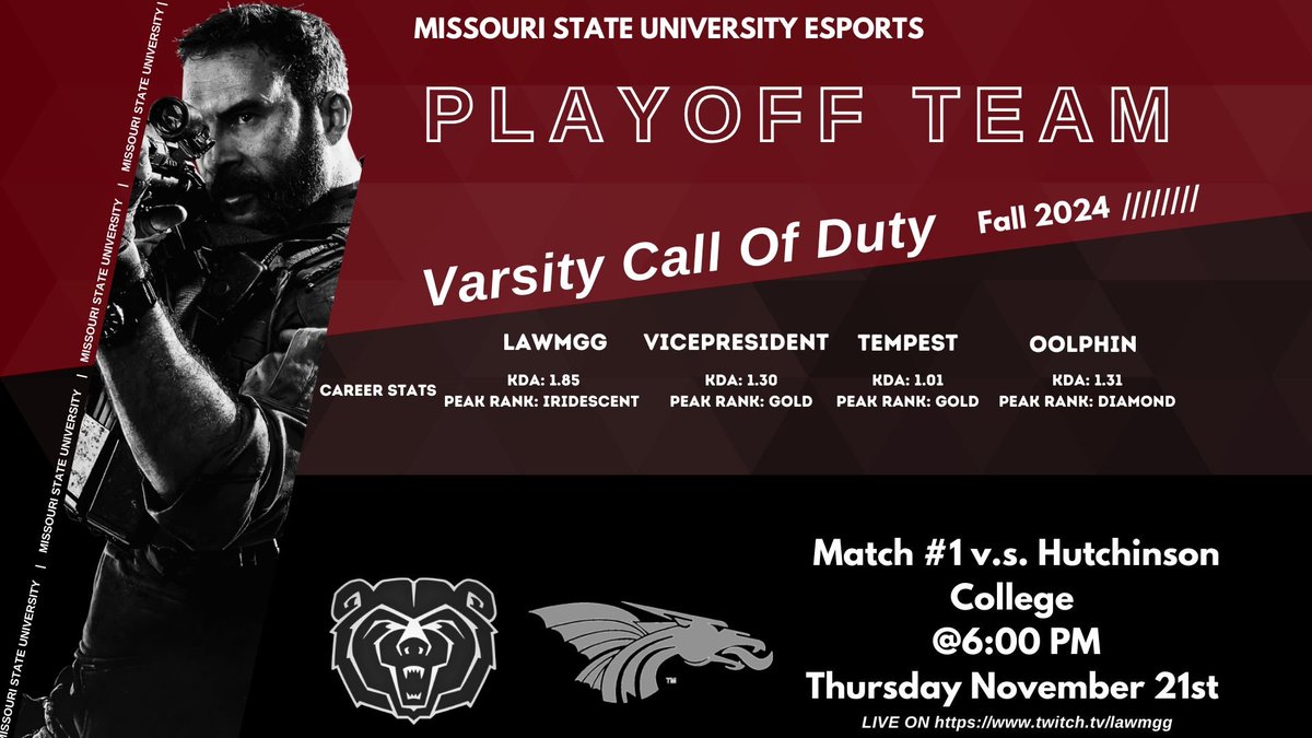 Another day, another Bears playoff team! Presenting our Varsity Call of Duty playoff team! Tune in to the Twitch below for their first match at 6pm! If we win Match #1, we will move forward and play in the next round immediately after. Watch and support your COD Bears! 🐻