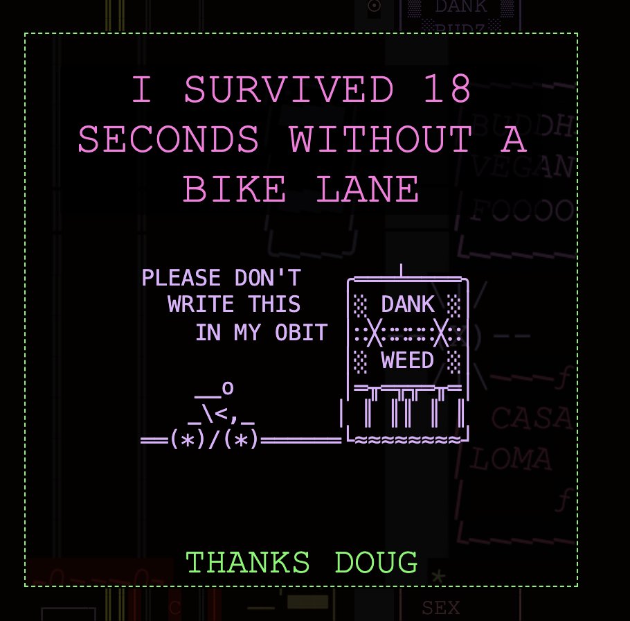I made a tiny protest game about the terrifying reality of biking in Toronto without bike lanes

marieflanagan.com/loserlane 

<a href="/cityoftoronto/">City of Toronto 🇨🇦</a> <a href="/torontogameswk/">Toronto Games Week</a> <a href="/BikeShareTO/">Bike Share Toronto</a> @cycleToronto <a href="/criticalmass/">Critical Mass</a> <a href="/CBCToronto/">CBC Toronto</a>
