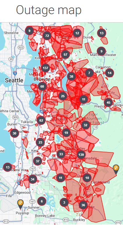 WAPolicyGreen's tweet photo. The temperature tonight in King County will be 39 degrees and most of these areas will still be without electric power.

@climatesolution &amp; @autumngales are going to sue to overturn the voters' will and make sure these areas don't have natural gas heat, even as a backup. #waleg https://t.co/Wr5lz8b6MB