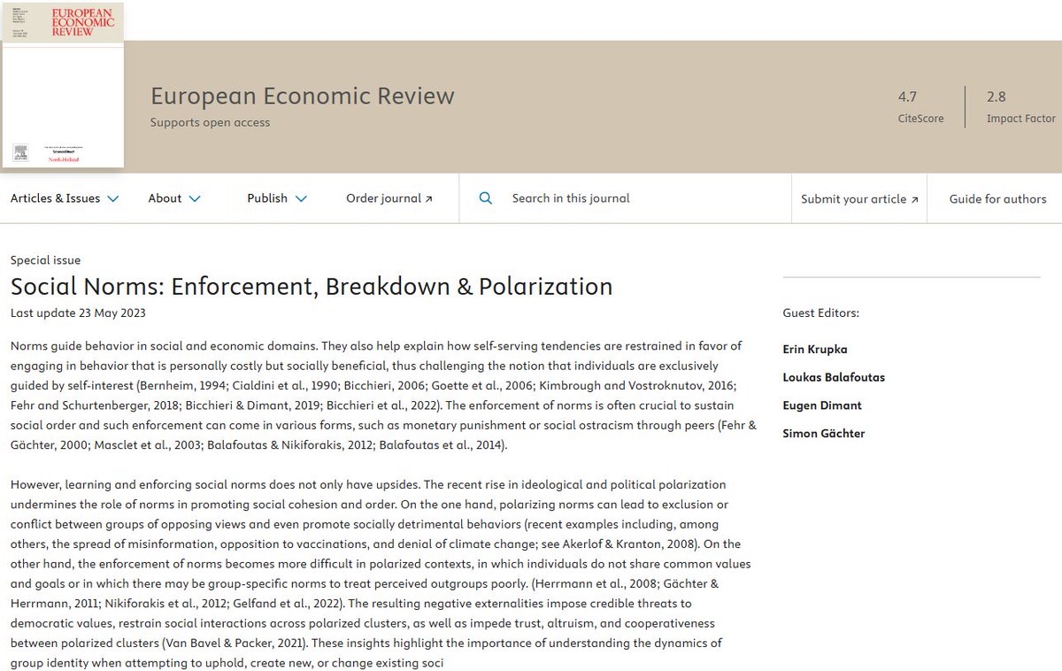 Curious about how social norms are enforced, collapse, and drive polarization?

🗲𝐒𝐩𝐞𝐜𝐢𝐚𝐥 𝐈𝐬𝐬𝐮𝐞 𝐏𝐮𝐛𝐥𝐢𝐜𝐚𝐭𝐢𝐨𝐧🗲
(edited with 𝐿. 𝐵𝑎𝑙𝑎𝑓𝑜𝑢𝑡𝑎𝑠, 𝑆. 𝐺𝑎̈𝑐ℎ𝑡𝑒𝑟 &amp; 𝐸. 𝐾𝑟𝑢𝑝𝑘𝑎)

Link: sciencedirect.com/special-issue/…

Short🧵with all published papers: