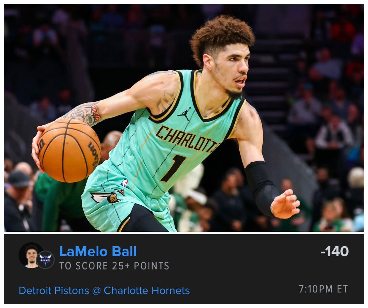 WeHitThose__9's tweet photo. Since you mentioned it..

🏀 LaMelo Ball 25+ PTS (-140) FD

▫️79% hit rate this season averaging 28.4 PPG
▫️92% hit rate this season when playing 28+ min averaging 30.6 PPG
▫️23+ FGA in L7/8 games (27+ L4/5) playing 28+ min averaging 25.8 attempts per game
▫️25 points last time he faced DET
▫️10+ 3PA in 92% of games this year playing 28+ min
▫️I expect this game to be close, and he’s playing with something to prove after being benched last game because his backup was apparently outplaying him

For more plays: https://t.co/UwbR15Uaht

#GamblingX #GamblingTwitter