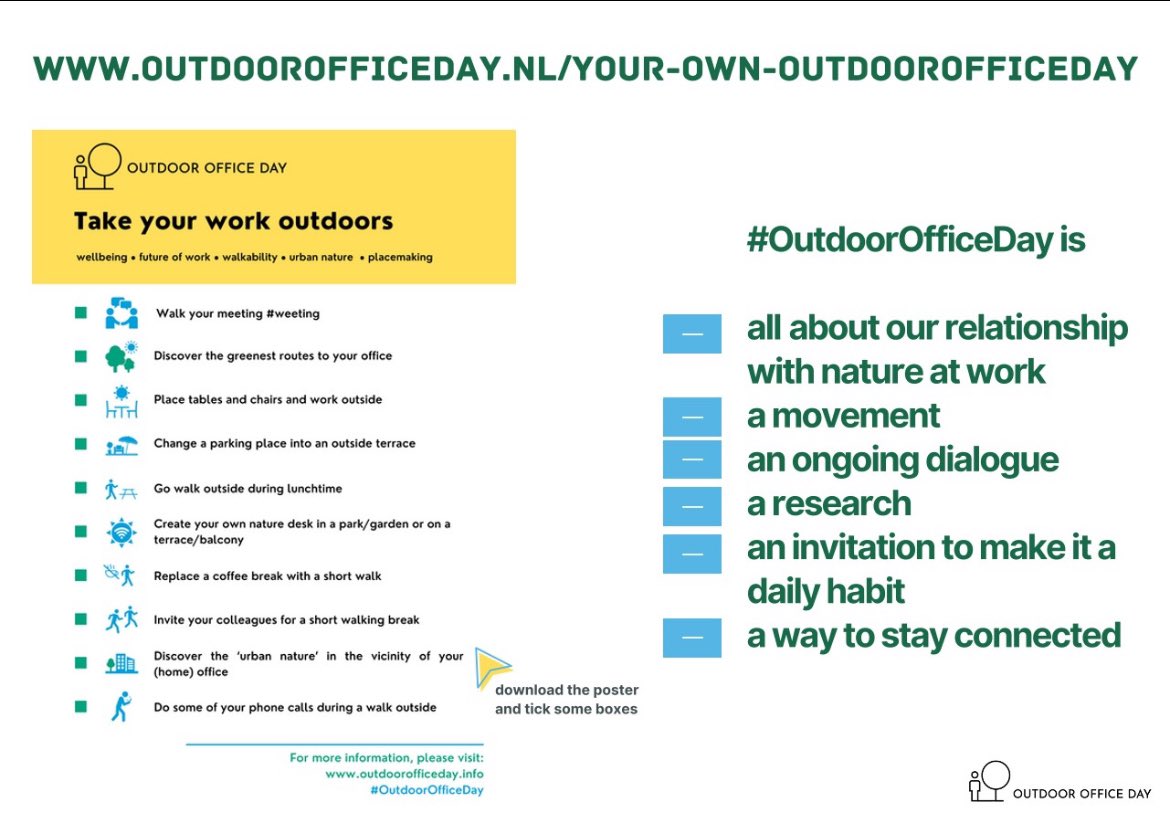 #OutdoorOfficeDay • We'll celebrate it together during the annual event on 🗓 June the 12th 2025.
Until then we invite you all to create #outdooroffice moments each workday! 

You can register via 
🌱 outdoorofficeday.nl/your-own-outdo…)
🌱 linkedin.com/events/outdoor…
🌱 lu.ma/7k34v4o7