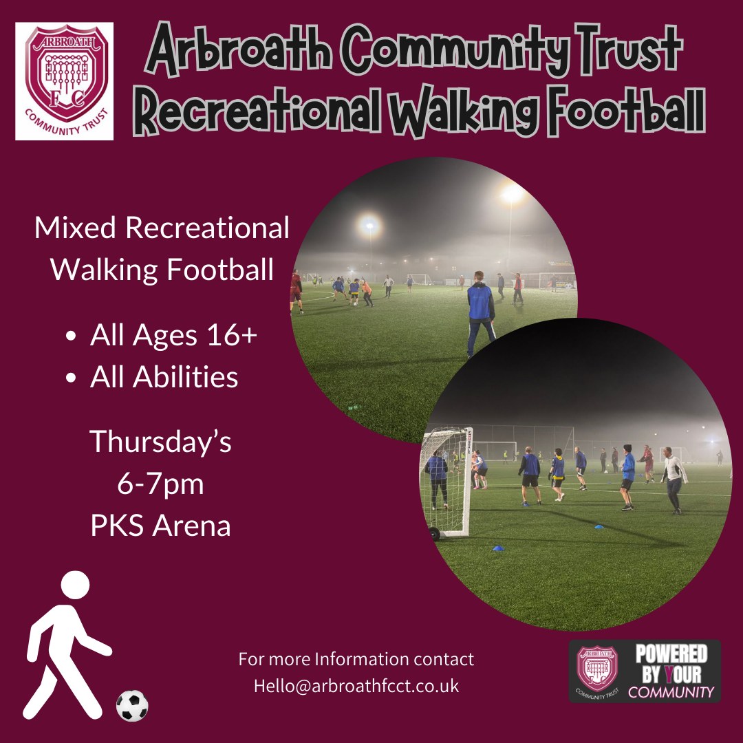 𝐑𝐞𝐜𝐫𝐞𝐚𝐭𝐢𝐨𝐧𝐚𝐥 𝐖𝐚𝐥𝐤𝐢𝐧𝐠 𝐅𝐨𝐨𝐭𝐛𝐚𝐥𝐥

Interested in walking football? Why not come along and give it a go.

For more information contact Hello@arbroathfcct.co.uk