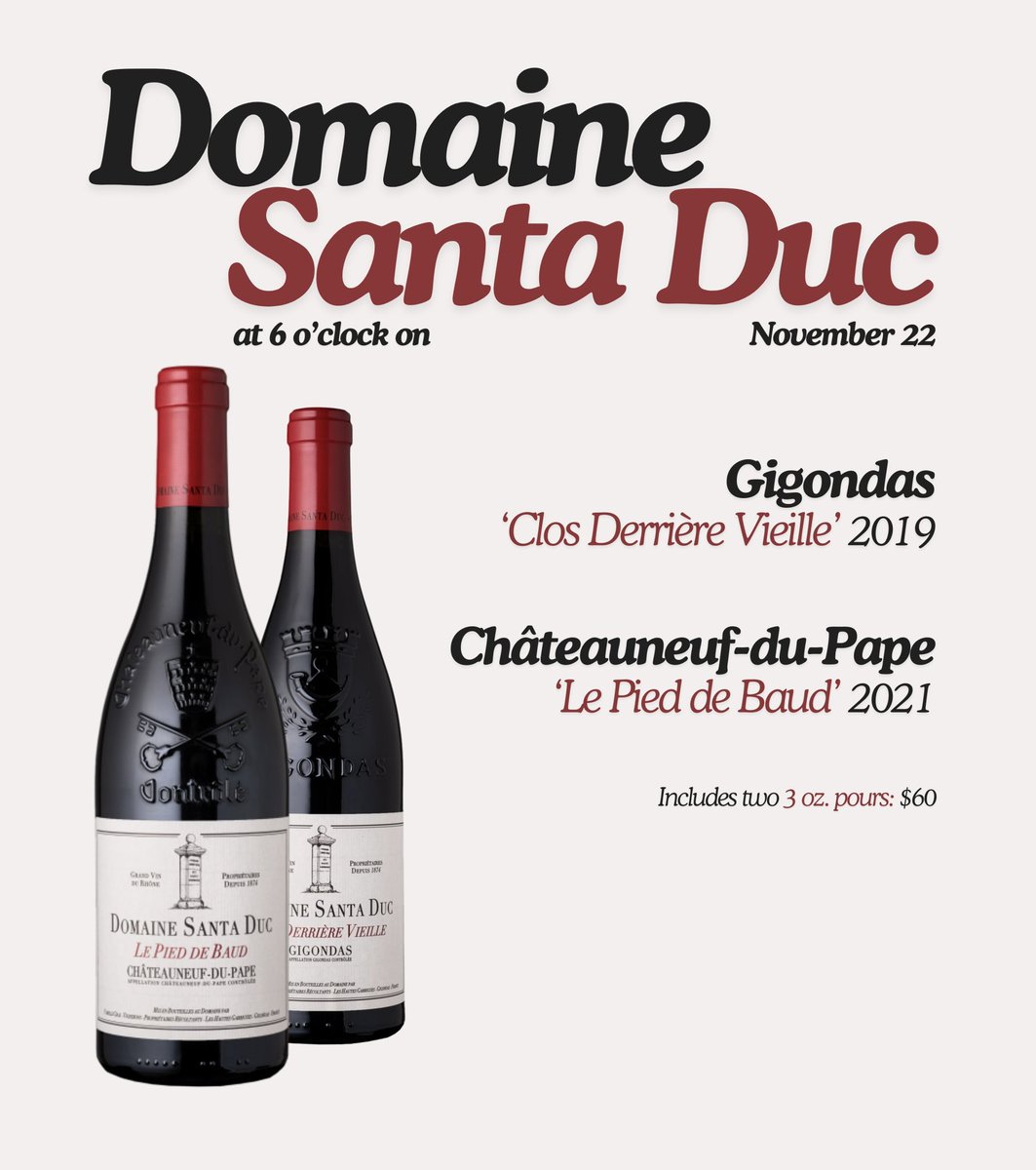sohmbar's tweet image. Tomorrow, Benjamin Gras (Domaine de Santa Duc) pours 2 world-class wines from his French estate for this exclusive flight:
Gigondas, ‘Clos Derrière Vieille’, Rhône Valley, 2019
Châteauneuf-du-Pape, ‘Le Pied de Baud’, Rhône Valley, 2021
2 three-ounce pours | $60 | 6PM—9PM