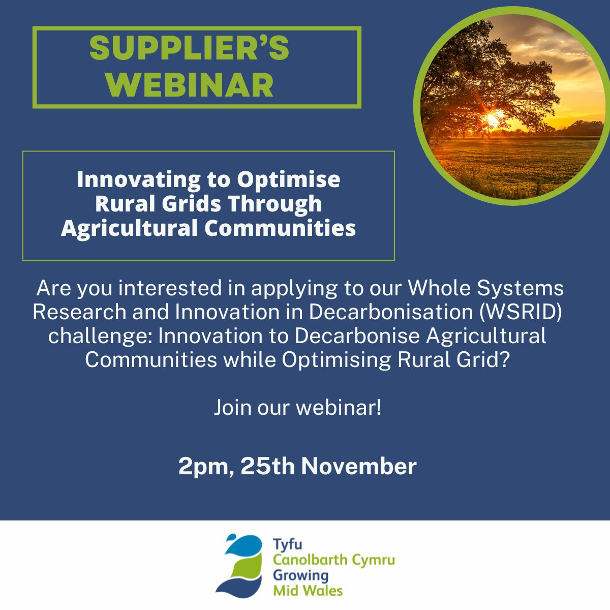 🌍🚜We’ve secured Welsh Government's WSRID funding! Interested in our challenge: Innovation to Decarbonise Agricultural Communities while Optimising Rural Grids?
💡 £100k available📢Supplier webinar: 25/11, 2 PM. 
📧 huw.williams2@ceredigion.gov.uk
👉Info: growingmidwales.co.uk/WSRID