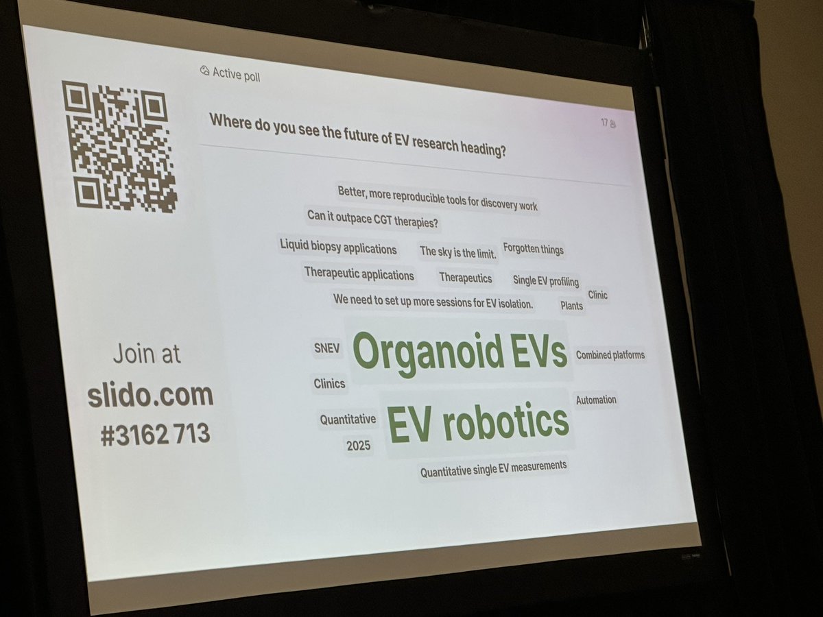 Kenneth W Witwer (he/him) (@kennethwwitwer) on Twitter photo Where is the future of EV research? The audience at #ISEVxTECH weighs in… and I love to see #organoid EVs here!
Jennifer Jones of NIH also opines on the many ways that #ExtracellularVesicles can be harnessed. There’s a bright (dare we say sparkly?) future ahead! <a href="/carney_lab/">Randy Carney</a> Where is the future of EV research? The audience at #ISEVxTECH weighs in… and I love to see #organoid EVs here!
Jennifer Jones of NIH also opines on the many ways that #ExtracellularVesicles can be harnessed. There’s a bright (dare we say sparkly?) future ahead! <a href="/carney_lab/">Randy Carney</a>