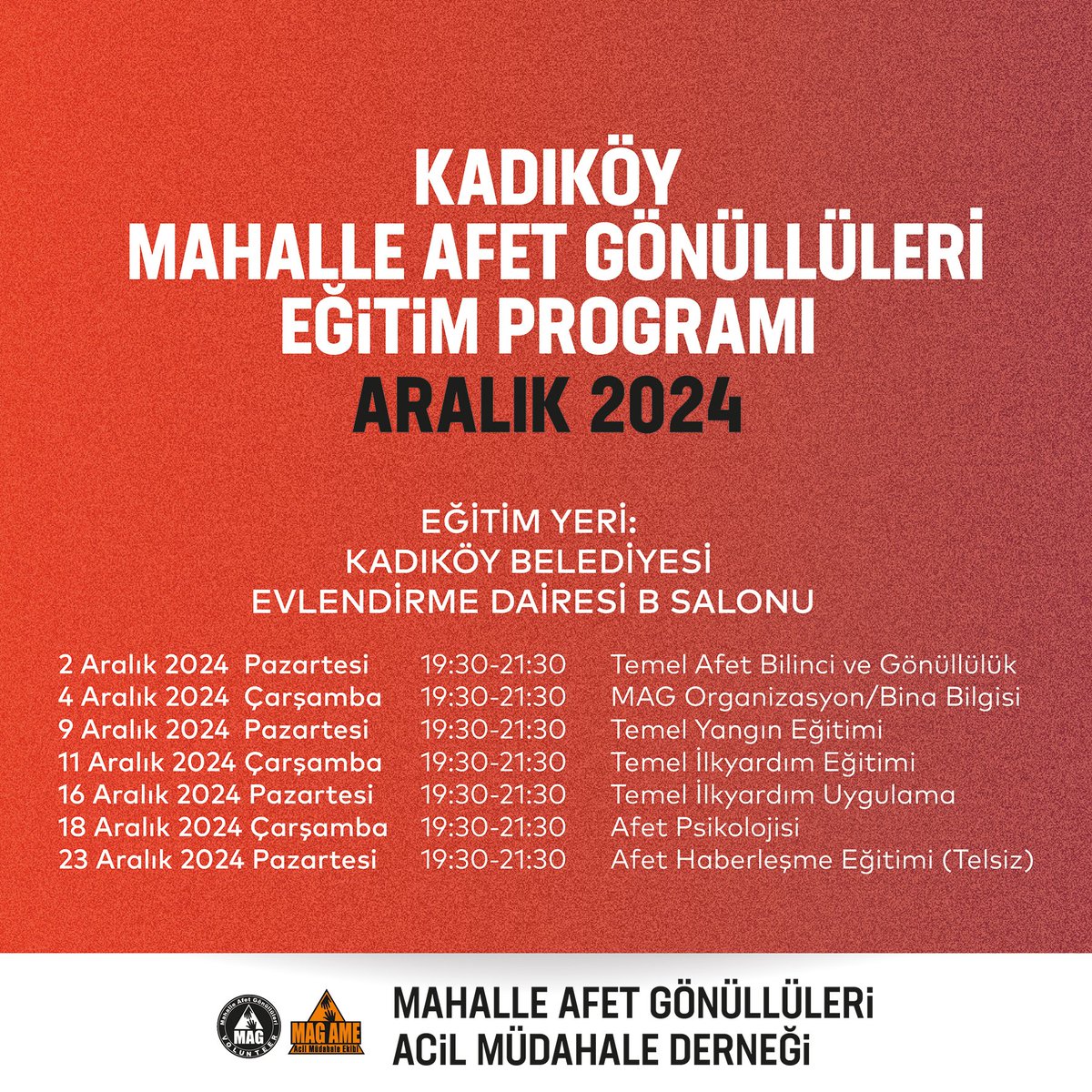 Kadıköy afetlere hazırlanıyor!
Mahalle Afet Gönüllüsü eğitimleri yeni dönem eğitim programı 2 Aralık 2024 Pazartesi günü başlıyor. 
.
Kayıt yaptırmak için: docs.google.com/forms/d/e/1FAI…

#MagAME