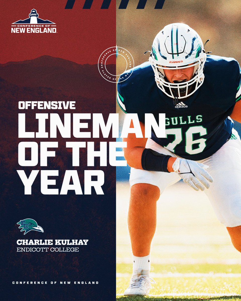 Conference of New England (@cne_sports) on Twitter photo 🏈 Your 2024 #CNE Football Offensive Lineman of the Year!
From <a href="/ECGulls/">Endicott Athletics</a> - Charlie Kulhay!
#LeadAsONE 🏈 Your 2024 #CNE Football Offensive Lineman of the Year!
From <a href="/ECGulls/">Endicott Athletics</a> - Charlie Kulhay!
#LeadAsONE