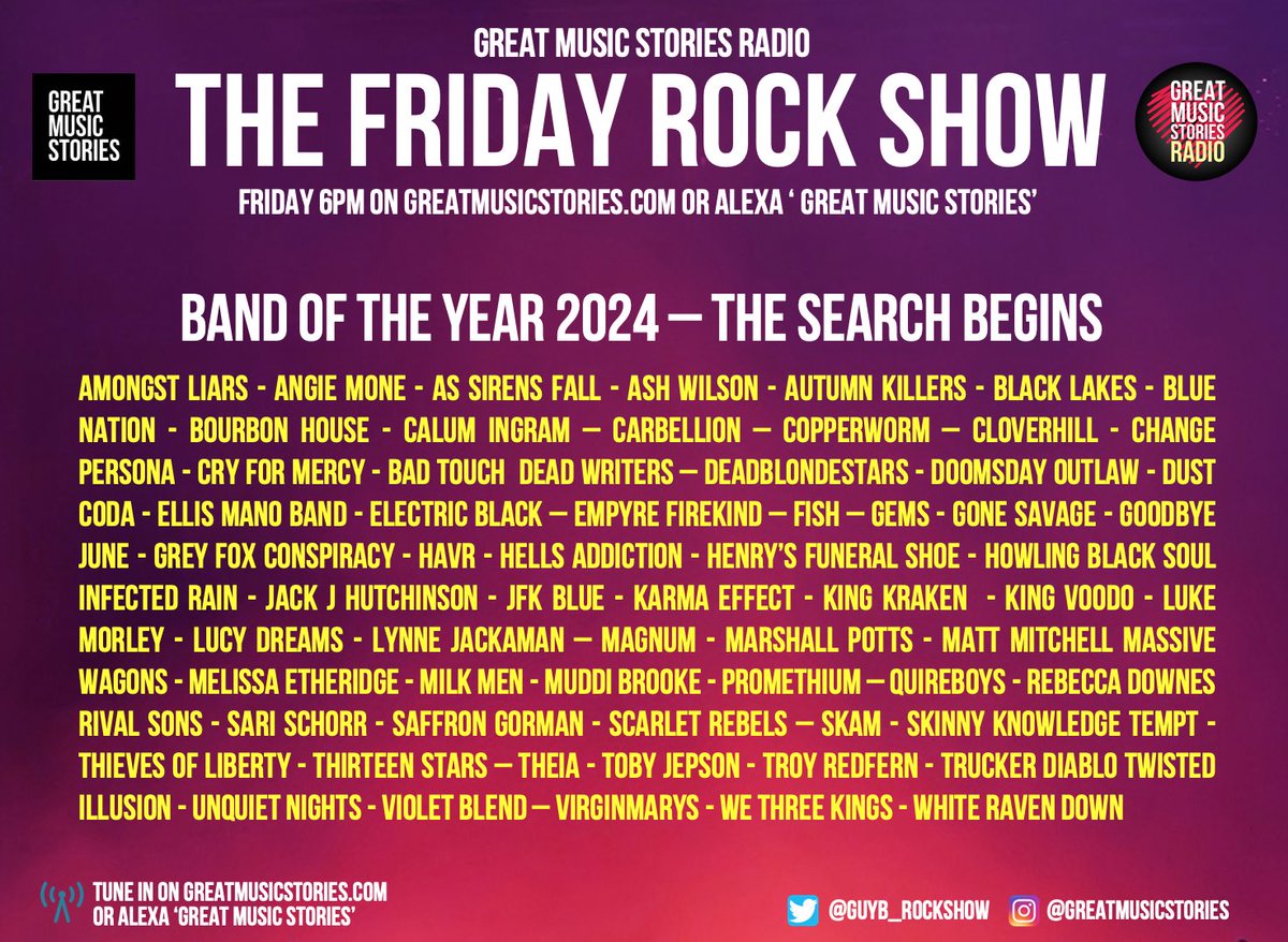 Band of the Year 2024. For the 10th year, the search starts - and the vote opens - on Friday’s rockshow. Fun starts Friday 6pm x