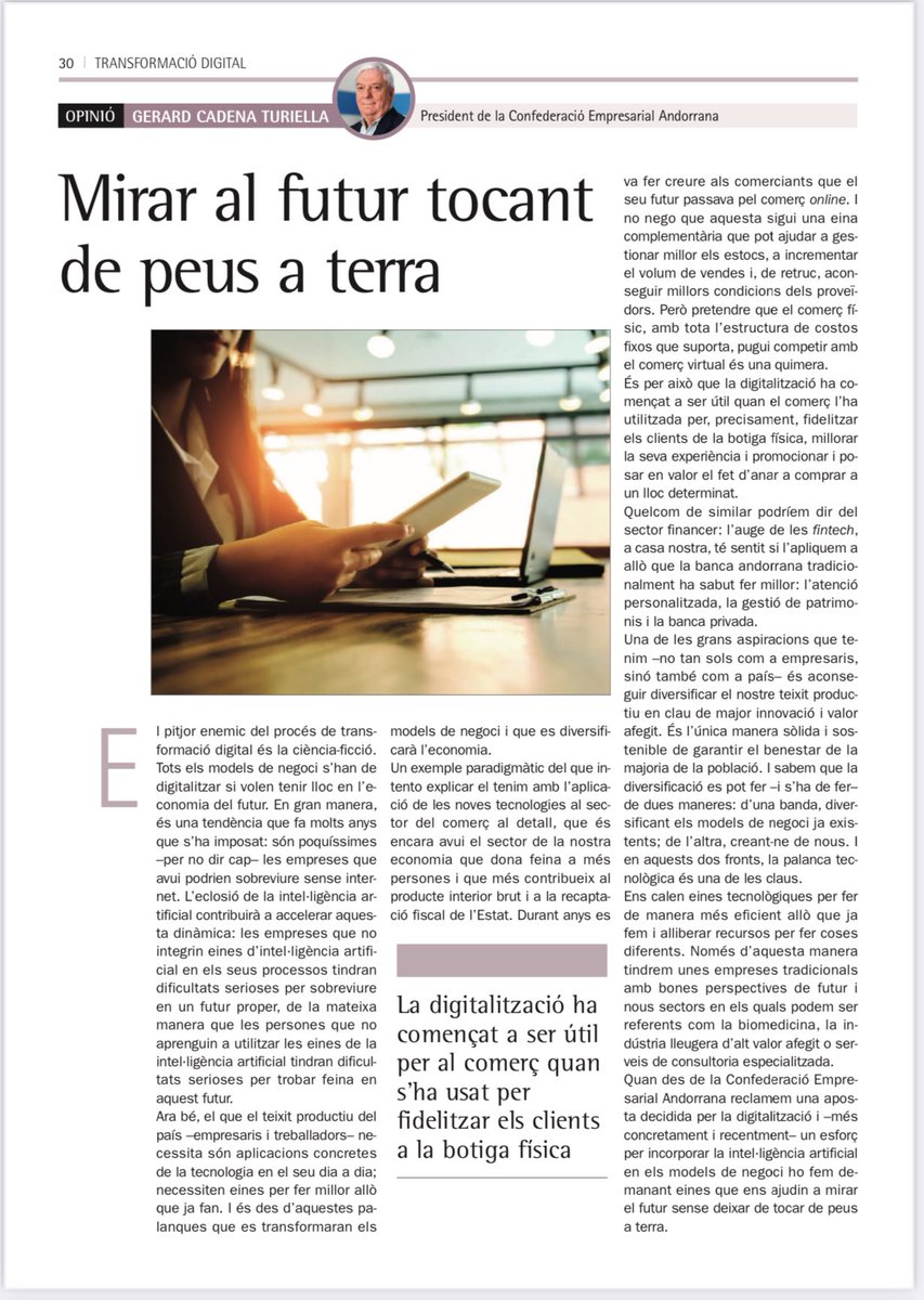 Article del president de la CEA, Gerard Cadena,  a l’especial sobre Transformació Digital del Diari d’Andorra.