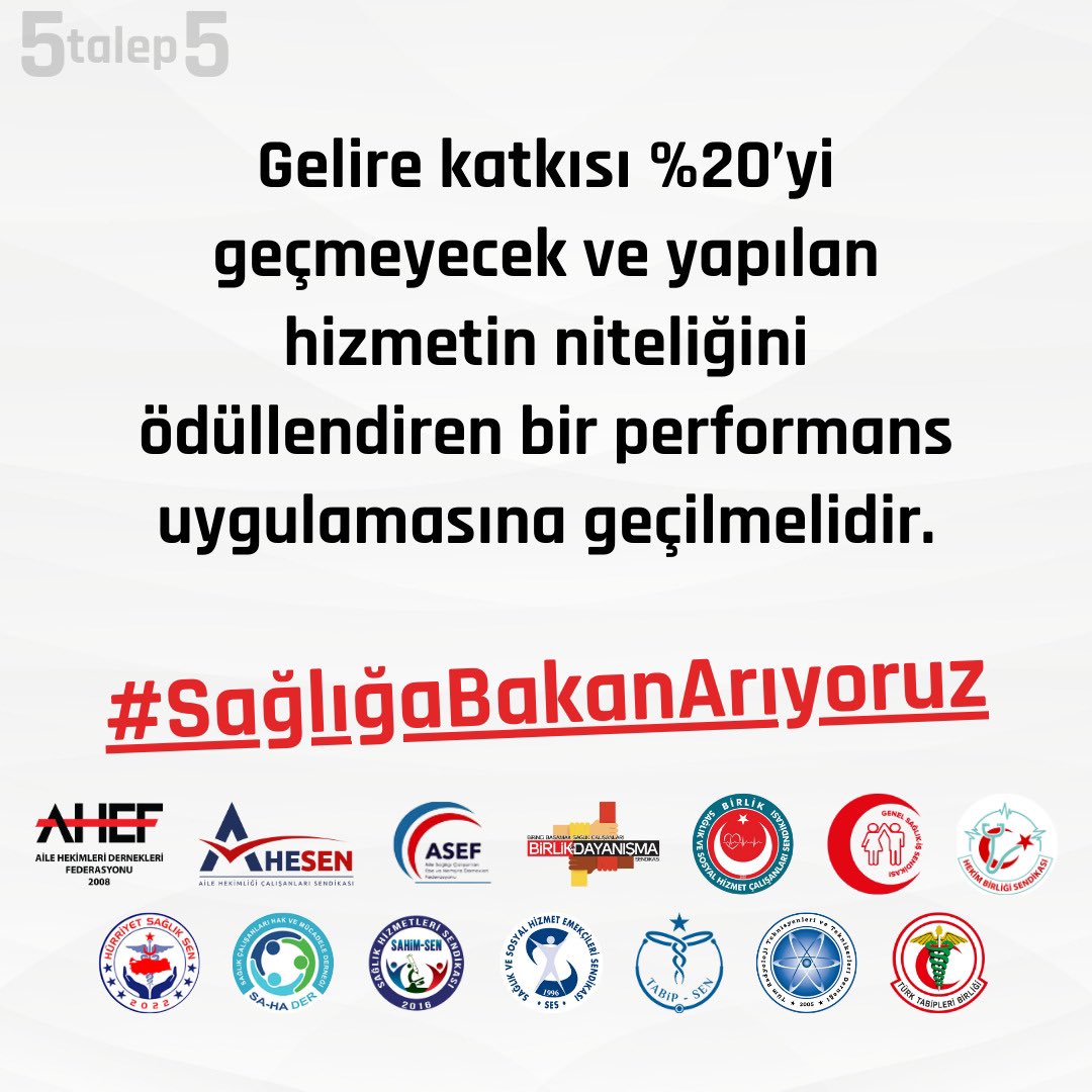 Gelire katkısı %20’yi geçmeyecek ve yapılan hizmetin niteliğini ödüllendiren bir performans uygulamasına geçilmelidir.

#SağlığaBakanArıyoruz 

<a href="/tcbestepe/">T.C. Cumhurbaşkanlığı</a> <a href="/RTErdogan/">Recep Tayyip Erdoğan</a> <a href="/saglikbakanligi/">T.C. Sağlık Bakanlığı</a> <a href="/halksagligigm/">Halk Sağlığı Genel Müdürlüğü</a> <a href="/drmemisoglu/">Prof. Dr. Kemal Memişoğlu</a>