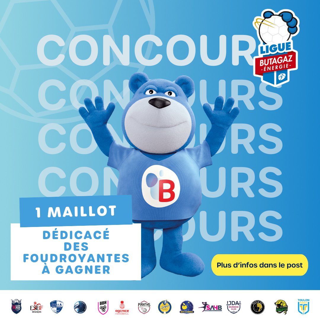 #JeuConcours 🎁 Aujourd'hui, Bob, #LePlusChaudDesSupporters, te fait gagner 1 maillot dédicacé par les Foudroyantes de <a href="/MHB33/">Mérignac Handball</a>. 🤾‍♀️

Pour cela, RT + follow <a href="/Butagaz/">BUTAGAZ</a> et <a href="/LFH_Officiel/">LFH_Officiel</a> ⚡

(TAS le 27/11 ; le règlement : butagaz.fr/reglement-jeux…))
#LigueButagazEnergie