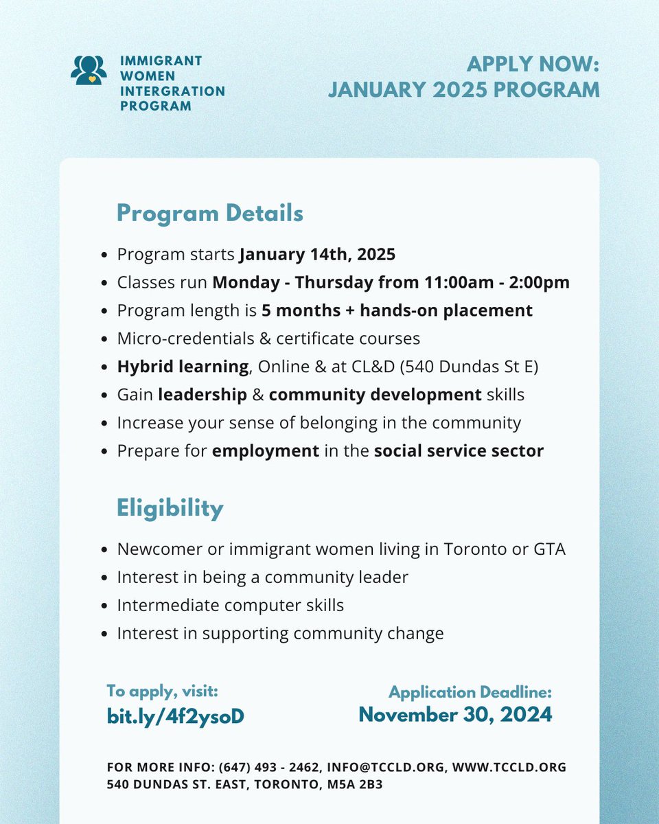 Registrations are now open for our Academic Upskilling Program (AU) starting January 2025!

🔗 For more info &amp; to apply, visit tccld.org/iwip

🚨 Application deadline is November 30, 2024

For additional questions, contact info@tccld.org or (647) 493-2462