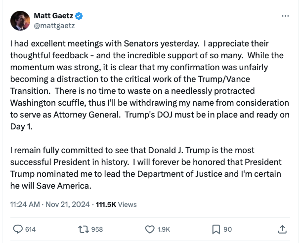 kenklippenstein's tweet photo. Breaking: Matt Gaetz withdraws from consideration for AG https://t.co/n5OX7cyoMP