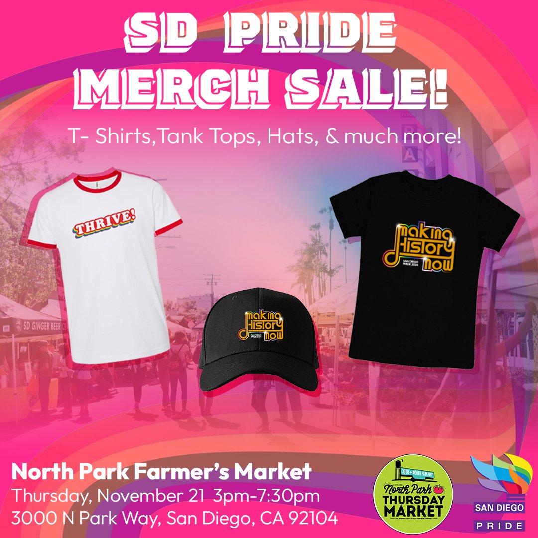 SanDiegoPride's tweet photo. Shop with Pride at the North Park Thursday Market, November 21, 3 to 7:30 PM.  Your purchases help support our Pride 365 Programming! 🌈
📍North Park Thursday Market
📆Thursday, November 21
⏰ 3 PM - 7:30 PM
@shopnorthparkmarket
 #SanDiegoPride #ShopWithPride #LGBTQIA https://t.co/AafFLVDS1N