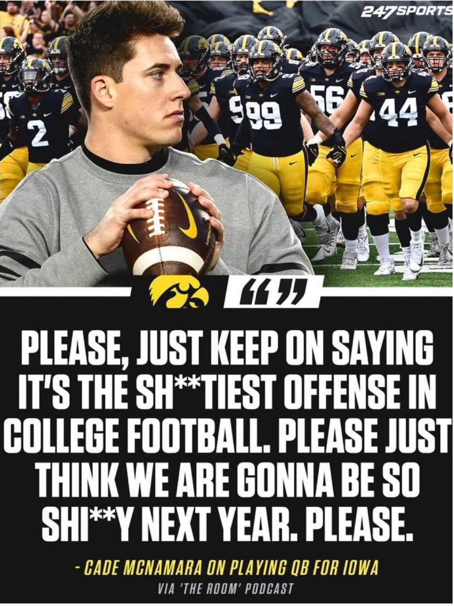 CyPluto's tweet image. Cade McNamara’s career stats at Iowa:

600,000 American dollars given not earned
0 ranked wins
1 relationship with a 17 year old
2 Passing TD’s against P5 teams
678 “I’m QB1” pickup lines at Summit